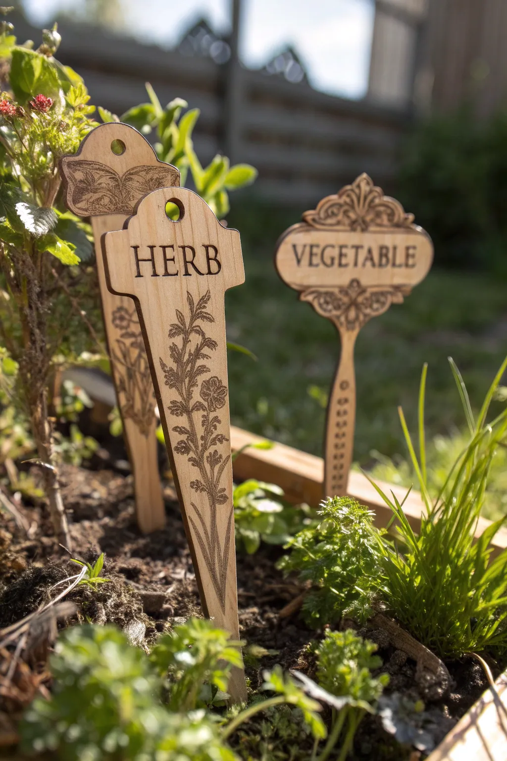 Elevate your garden's style with these artistically crafted wooden plant markers.