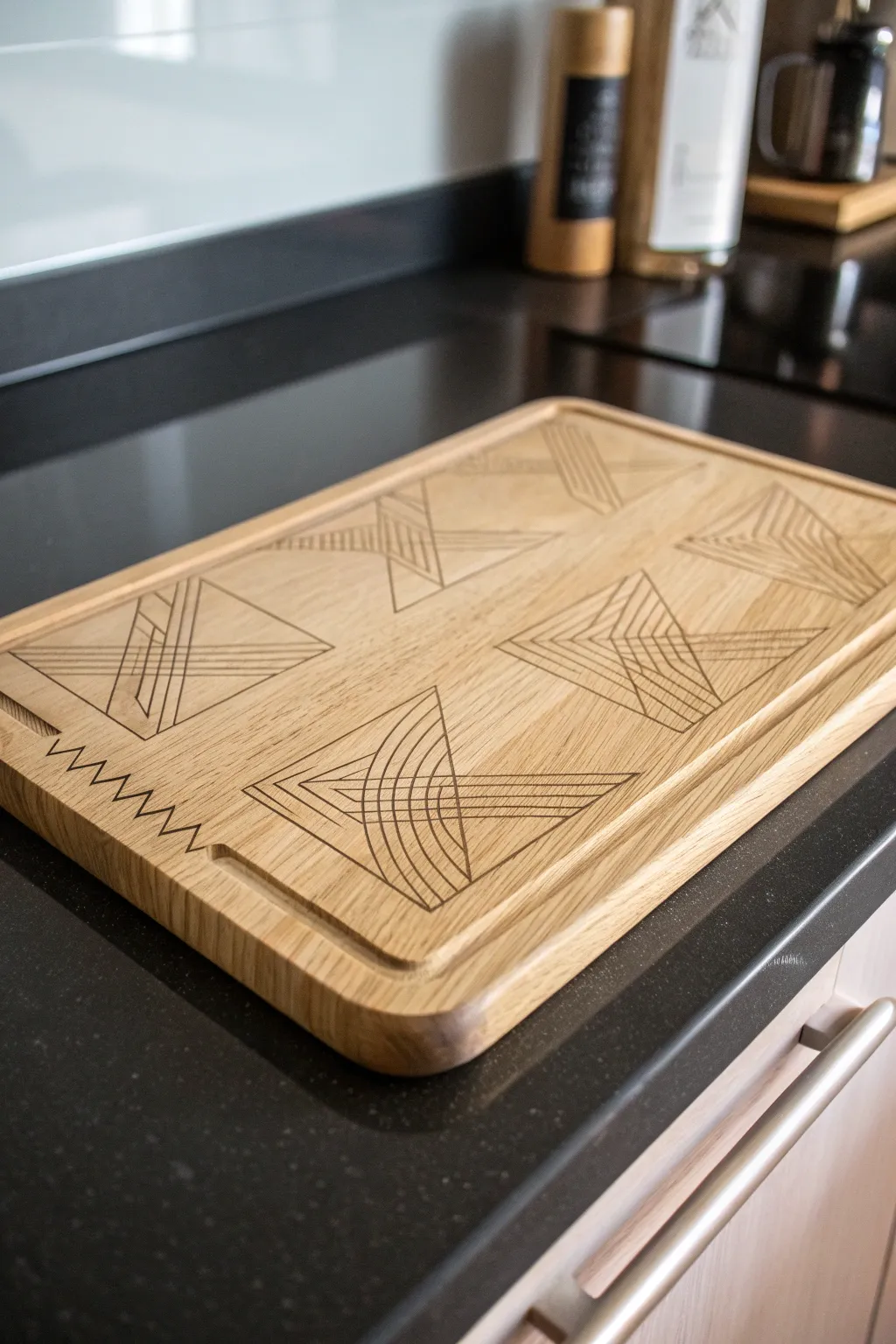 Elevate your kitchen aesthetics with minimalist line art on a wooden cutting board.