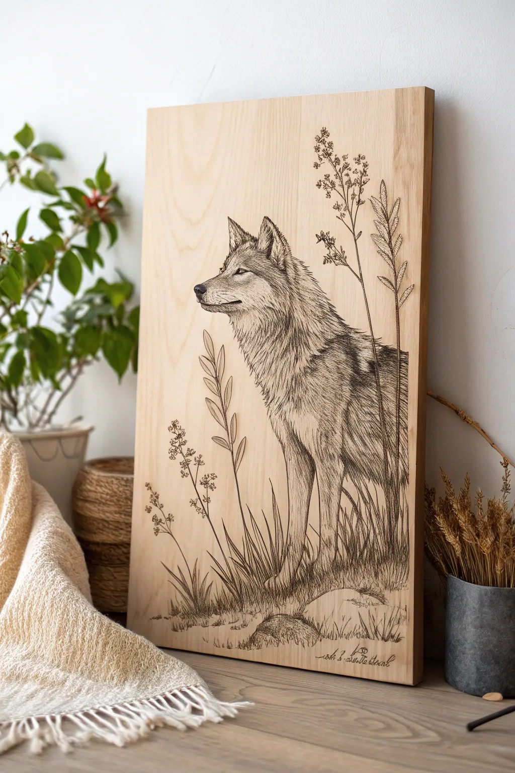 Embrace the wild with elegance: a wolf sketch on wood that seamlessly blends into minimalist decor.