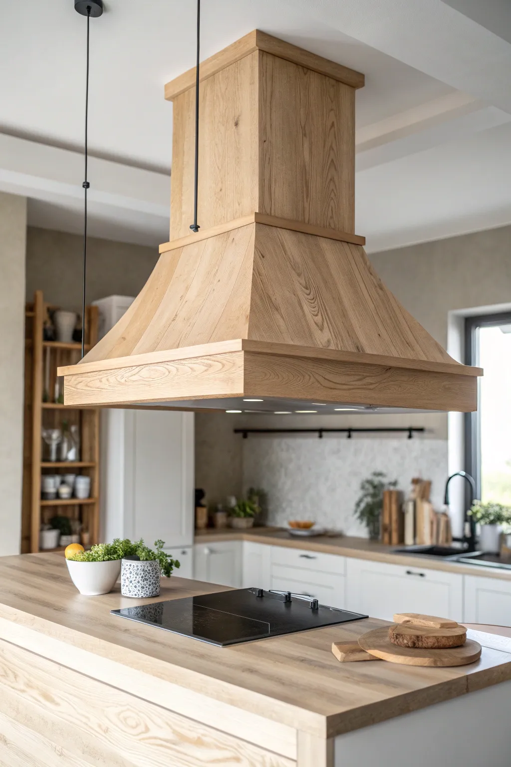 Embrace Scandinavian simplicity with a stunning wood hood that brings calm and order to your kitchen space.