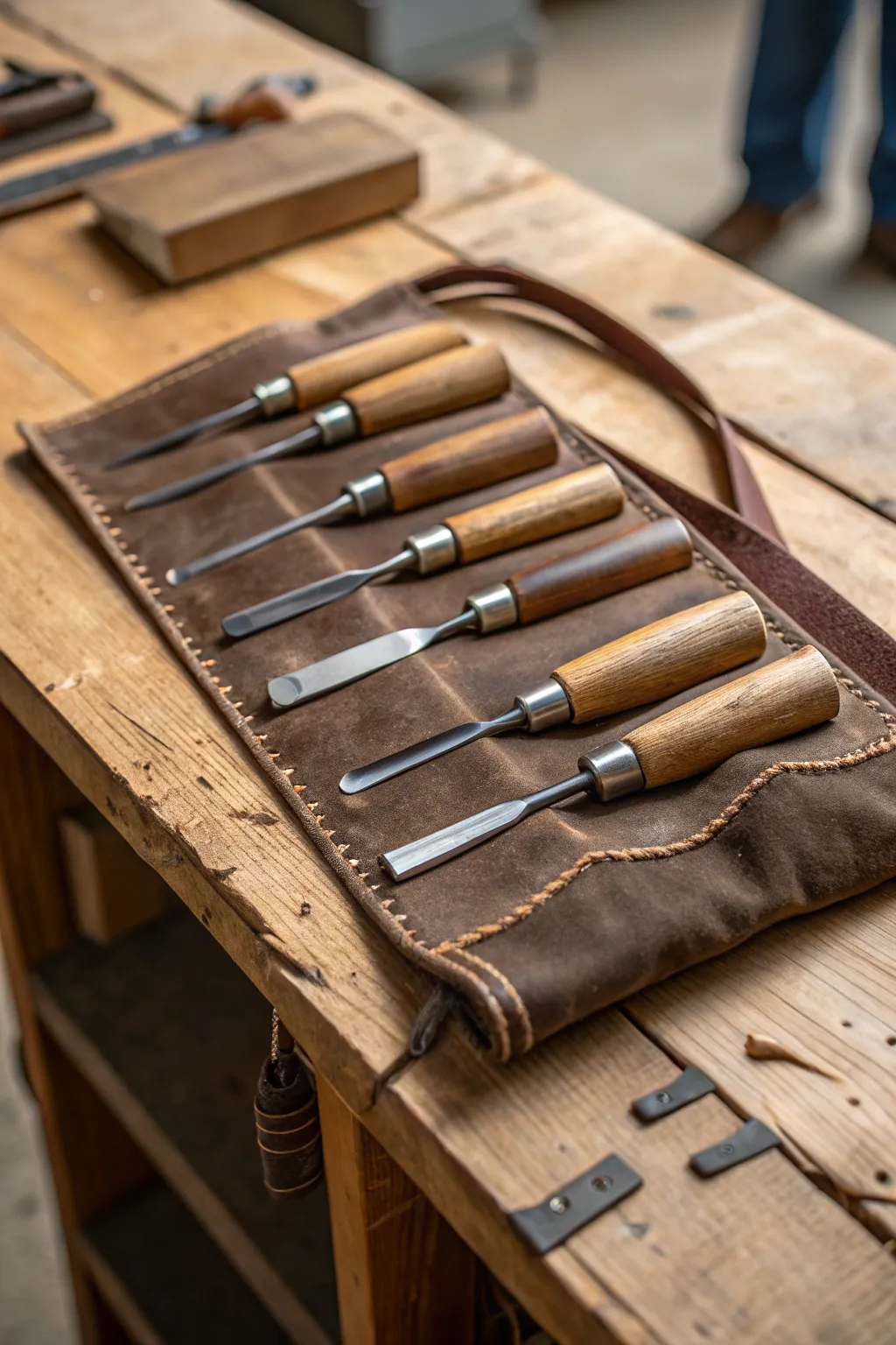 Effortlessly organize your chisels with this stylish leather tool roll-up, perfect for the modern craftsman.