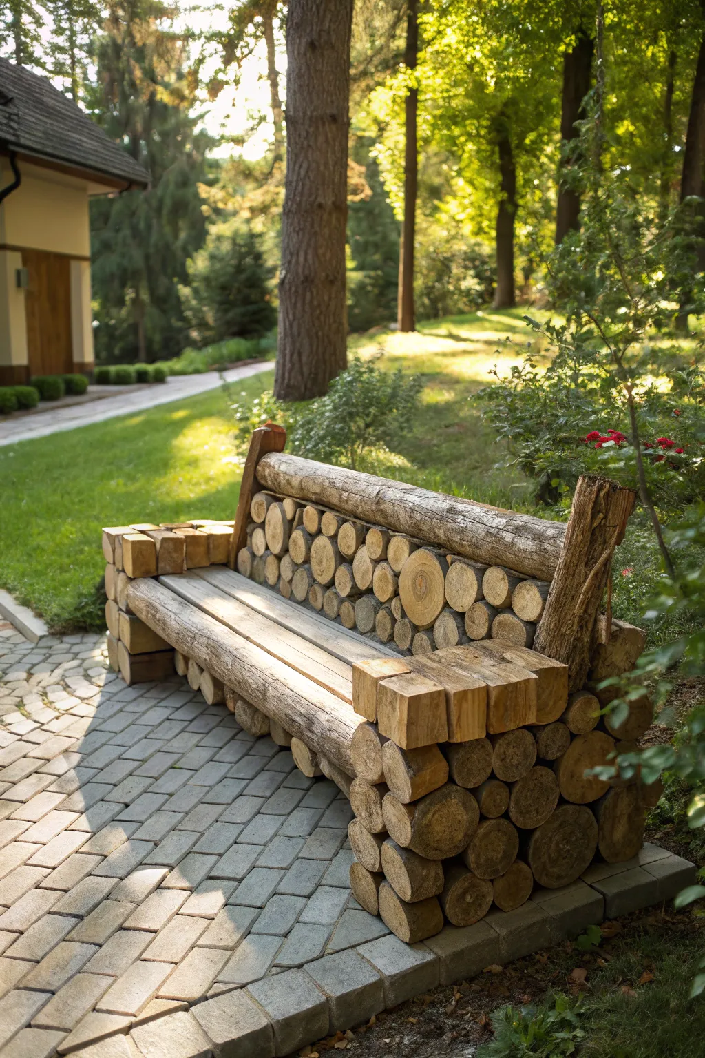 Elevate your outdoor space with a stylish stacked wood bench – where elegance meets function.