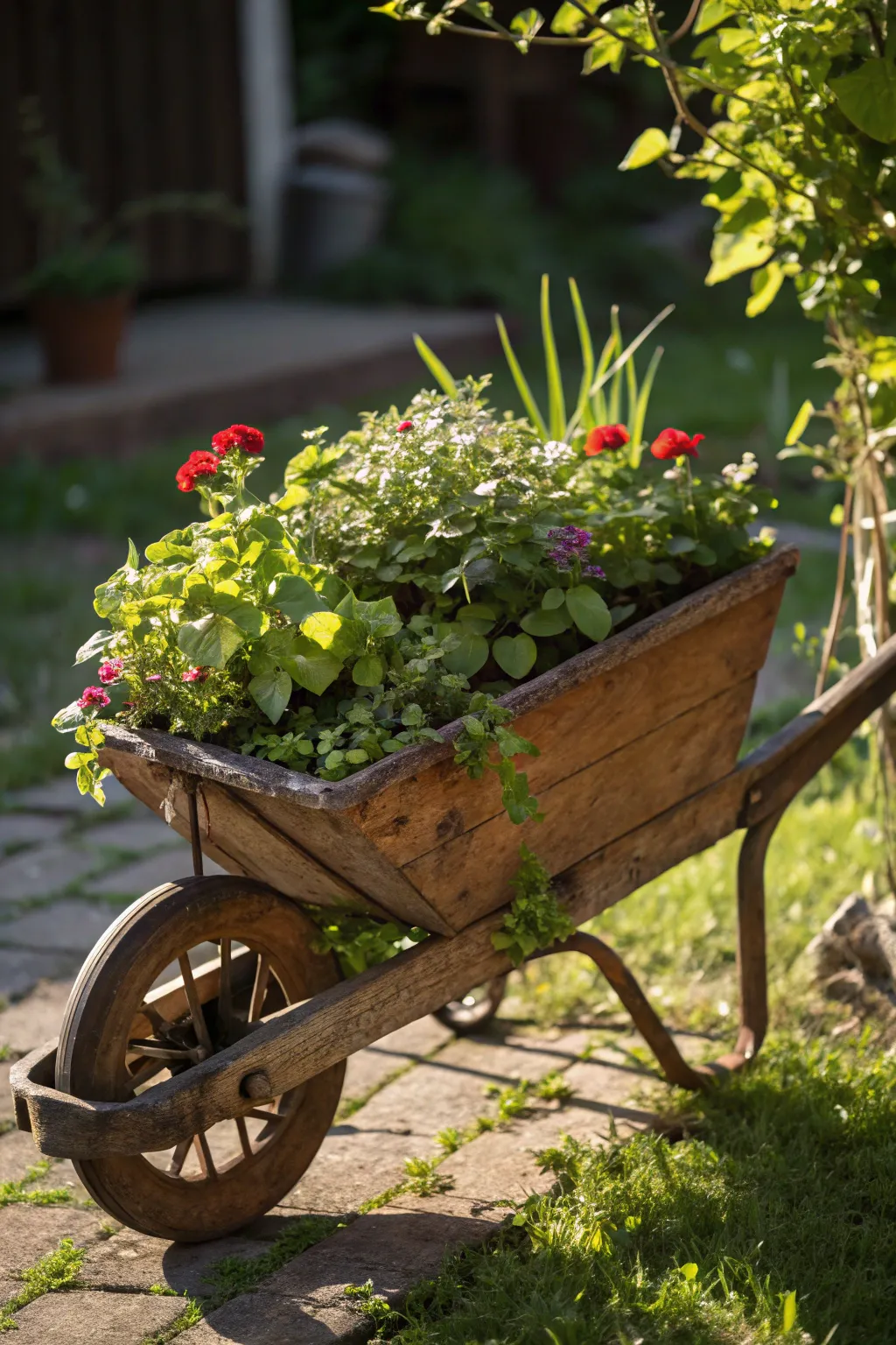 Transform your garden with a wheelbarrow planter that marries function and rustic charm.