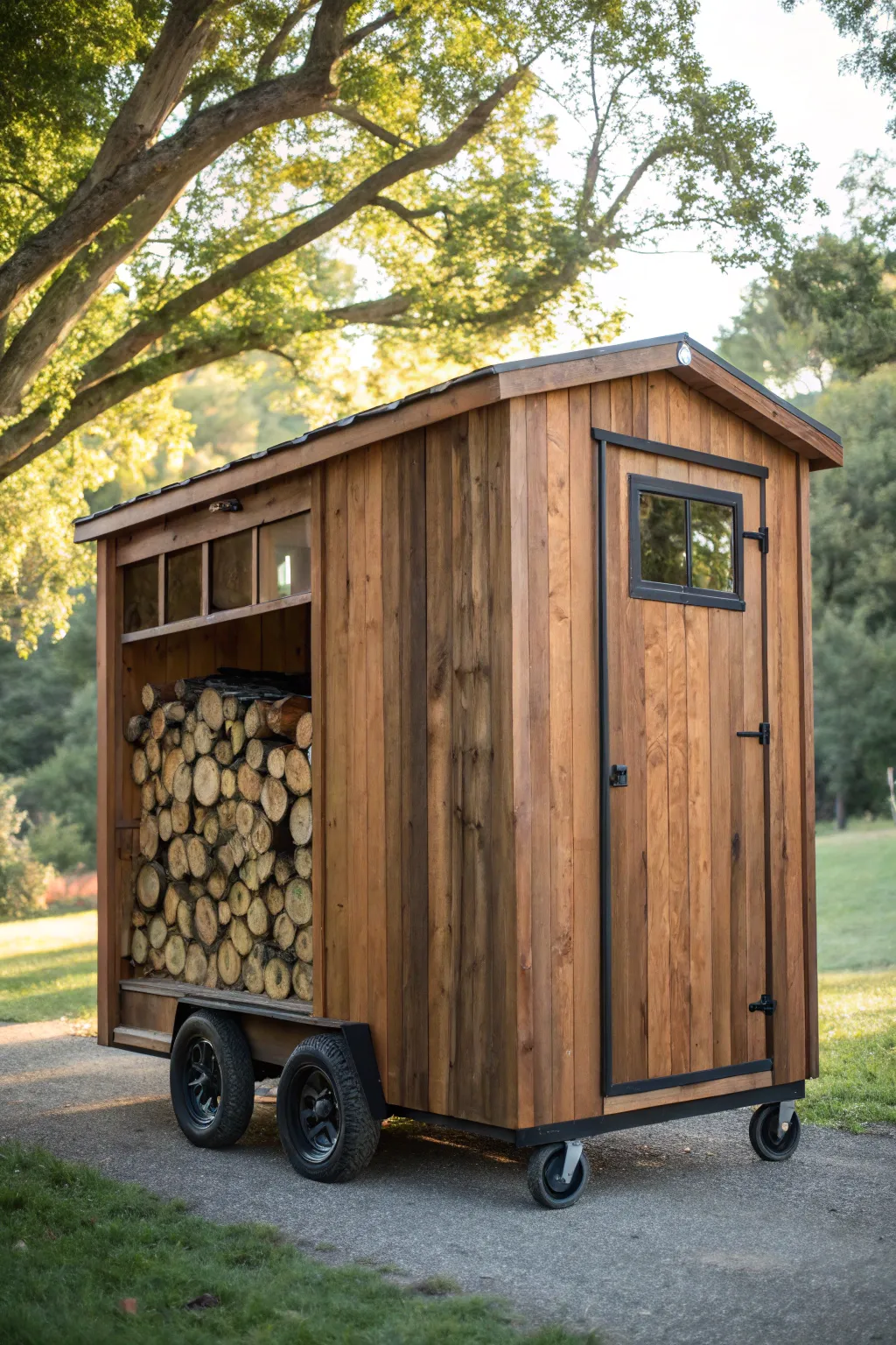 Revolutionize your wood storage with this stylish and practical mobile shed.