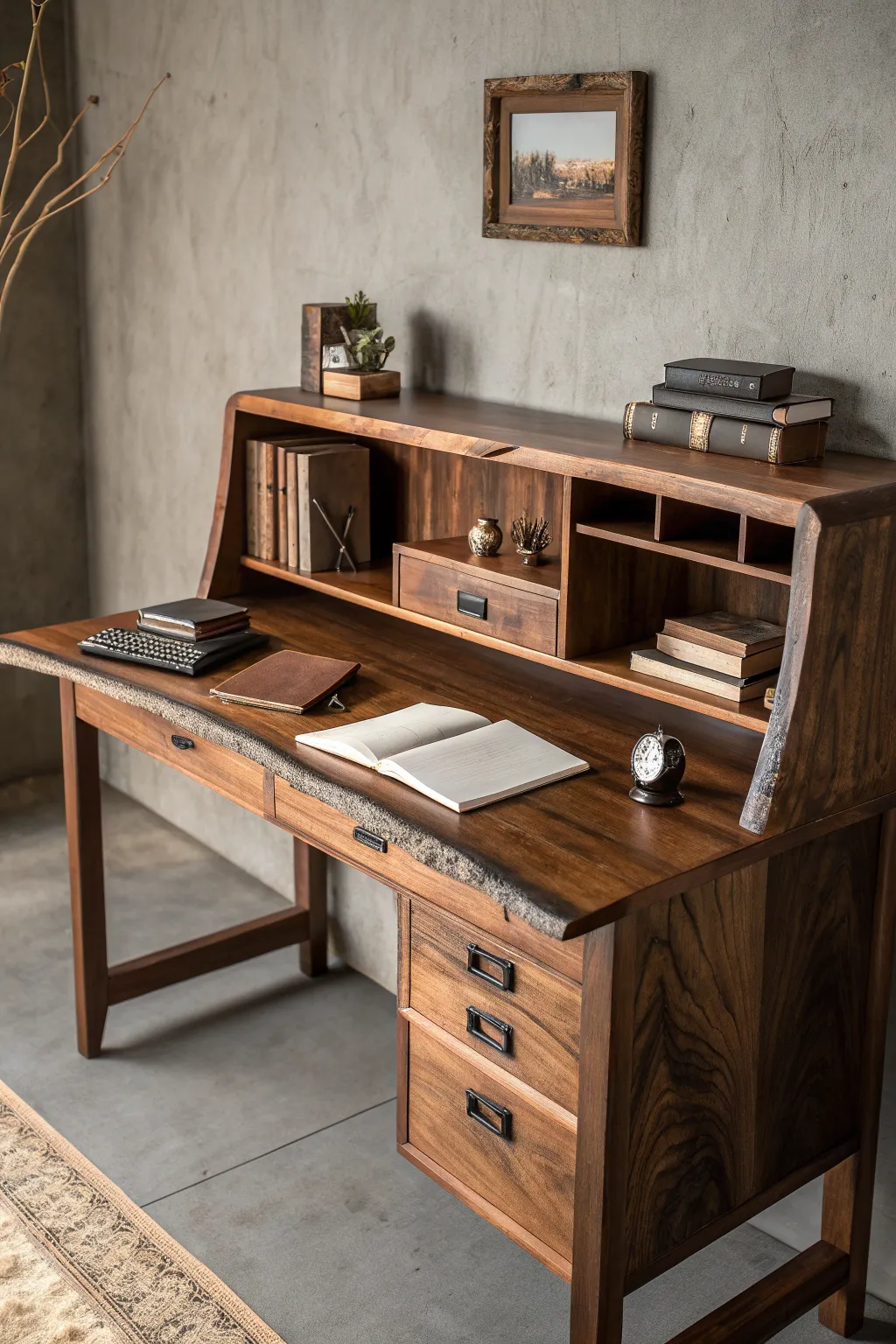 Elevate your workspace with a wood slab desk that combines functionality and style.