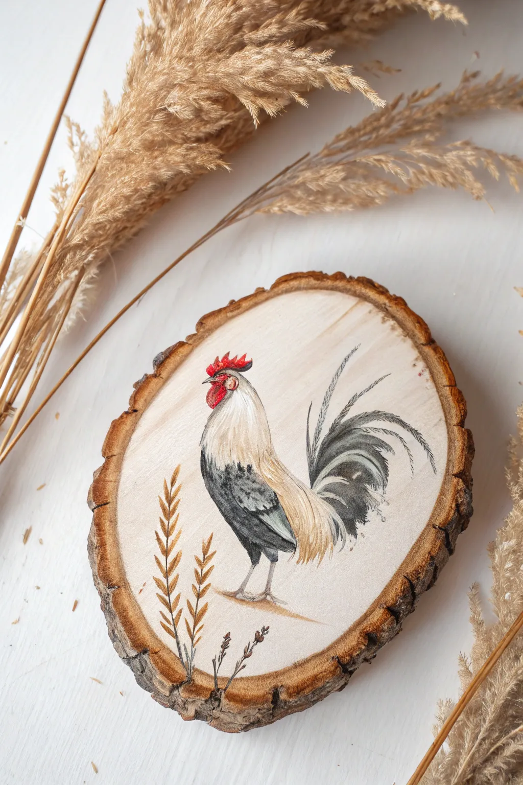 Embrace rustic charm with a minimalist rooster painting on a natural wood slice, perfect for adding warmth to any space.