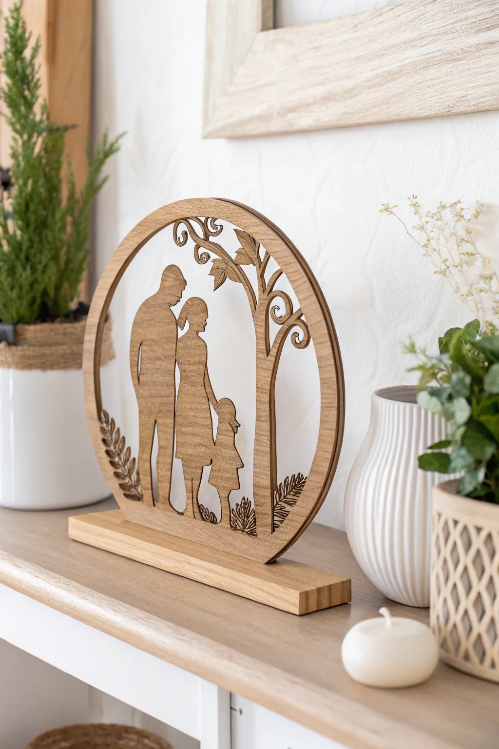 Crafted with love: A wooden silhouette family portrait that captures cherished memories in minimalist elegance.