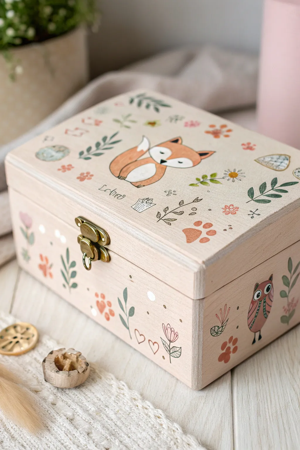 Add a touch of whimsy to your jewelry storage with playful animal designs on a handcrafted wooden box.