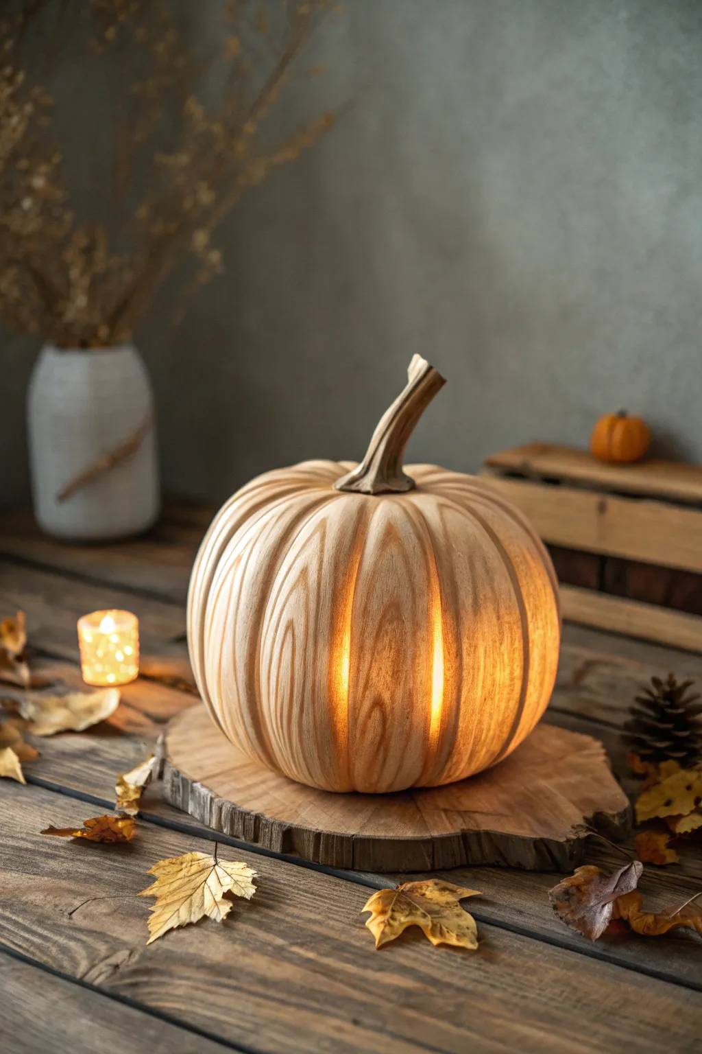Illuminate your autumn nights with a glow-in-the-dark wooden pumpkin, where simplicity meets enchanting craftsmanship.