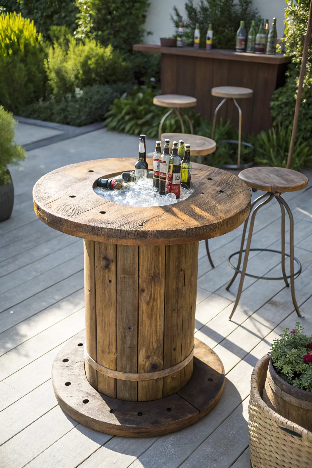 Chill in style: Elevate your outdoor gatherings with a wooden reel bar table featuring a built-in cooler!