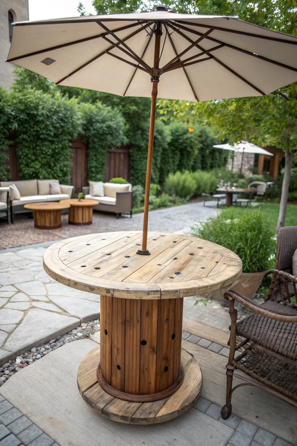Transform your patio into a personal retreat with this ingenious wooden spool umbrella table.