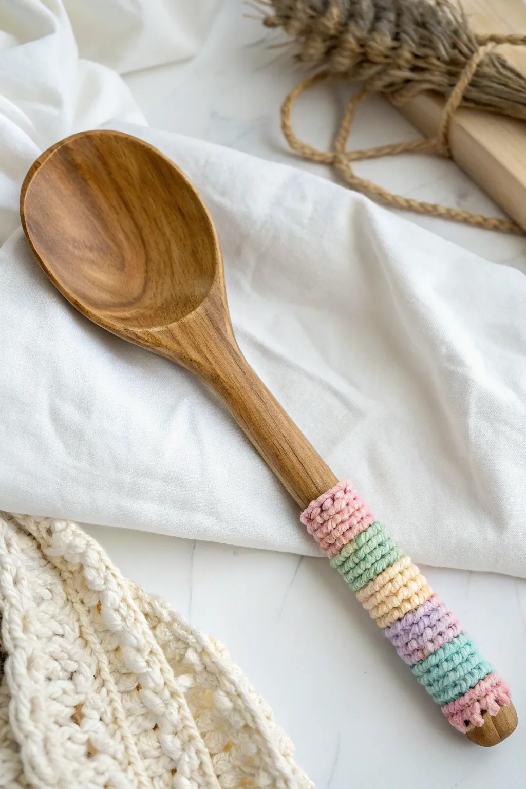 Add a touch of warmth to your kitchen with this charming yarn-wrapped wooden spoon.