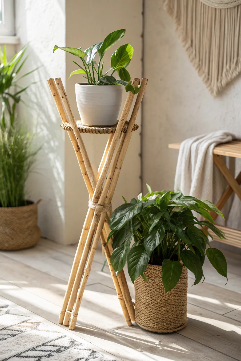 Elevate your greenery with handcrafted elegance: a stunning wooden stick plant stand.