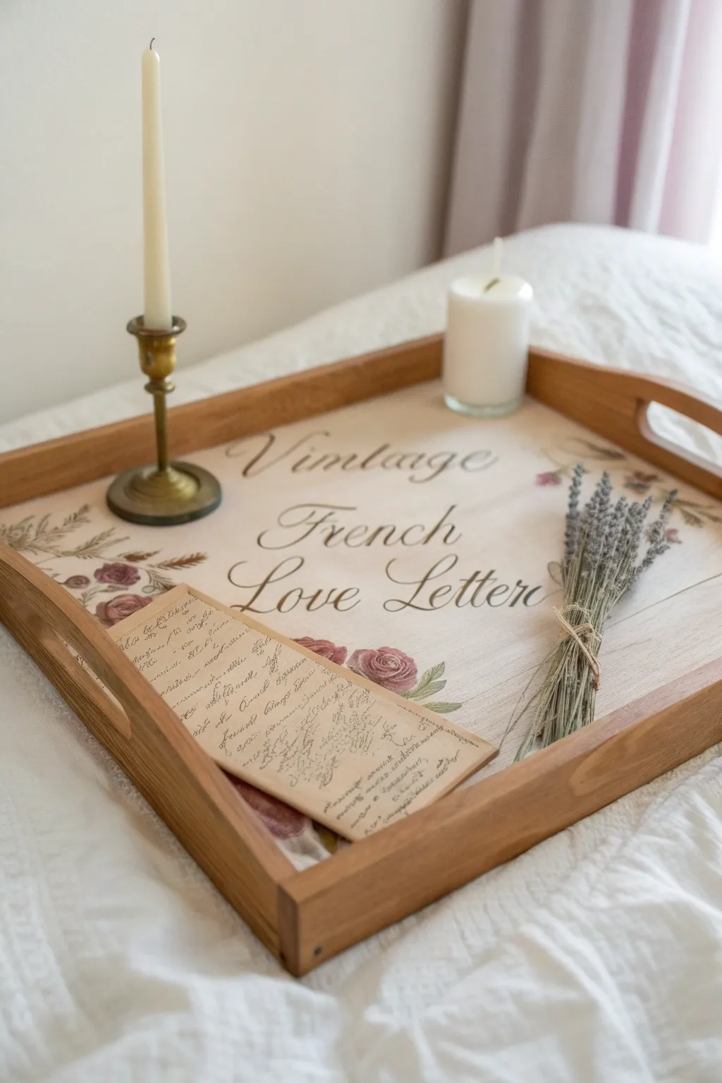 Embrace vintage vibes with a French-inspired wooden tray, perfect for adding a romantic touch to your minimalist decor.