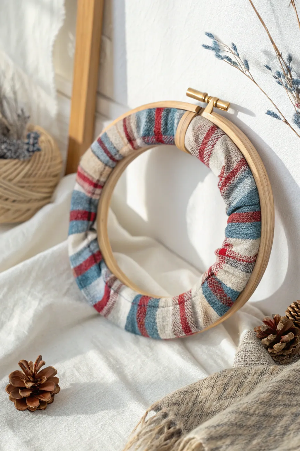 Embrace warmth and simplicity with a fabric-wrapped wooden wreath, perfect for adding a cozy touch to your minimalist decor.