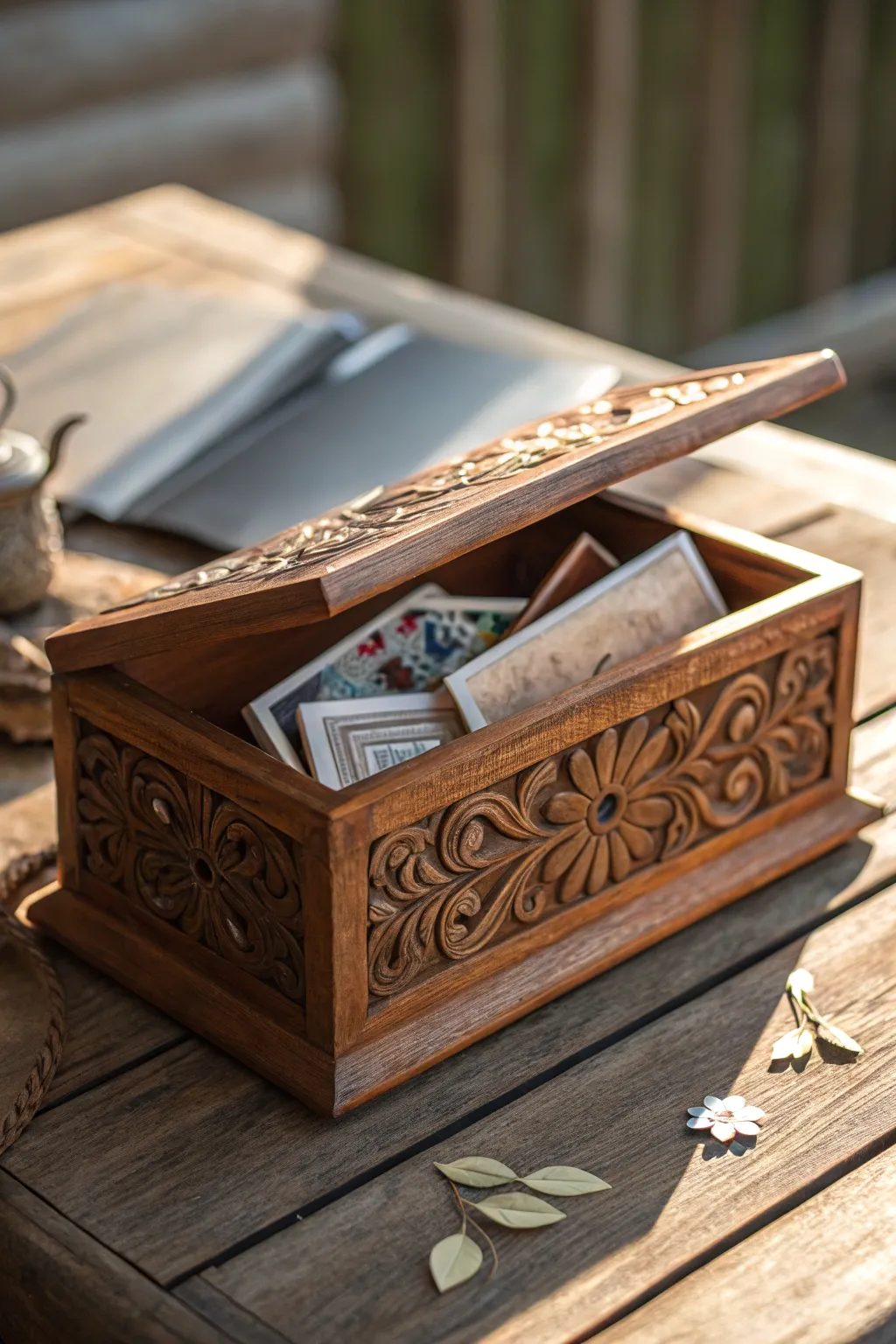 Store your treasures in style with this handcrafted cedar box, perfect for keeping your vintage postcards safe.