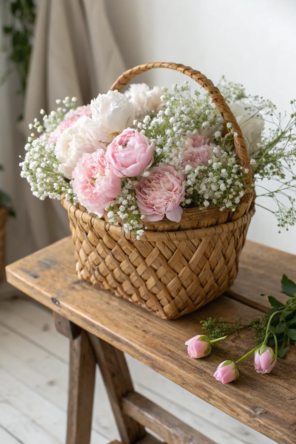 Elegant woven flower baskets: the perfect personalized touch for your rustic wedding décor.