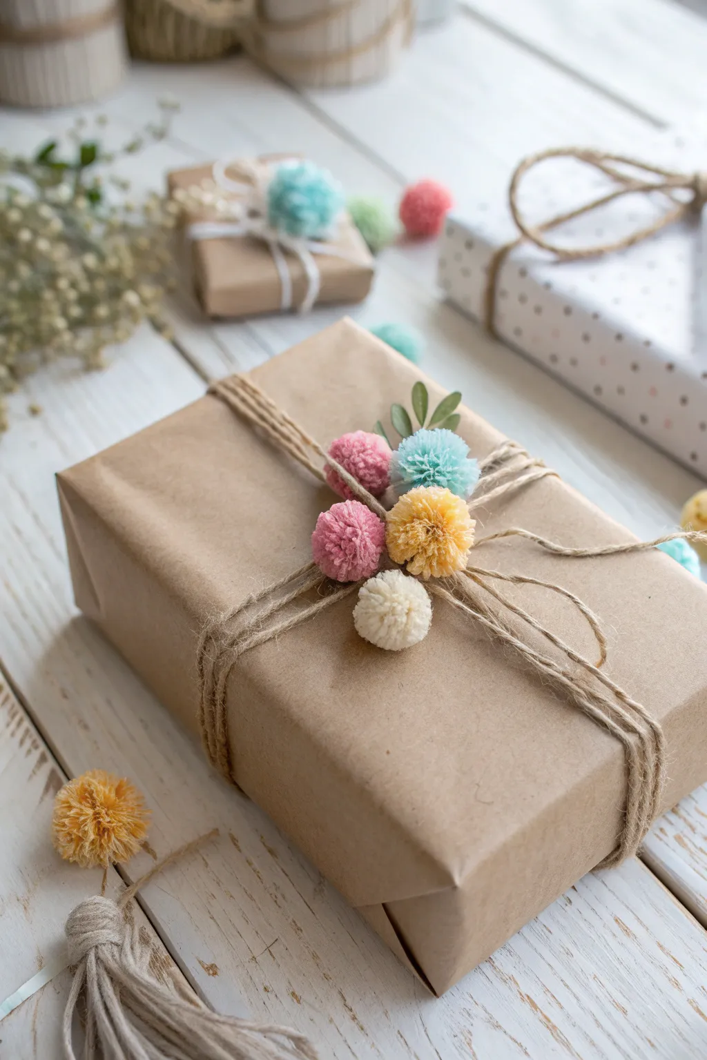 Add a touch of whimsy to your gifts with colorful pom poms, blending minimalist elegance with playful charm.