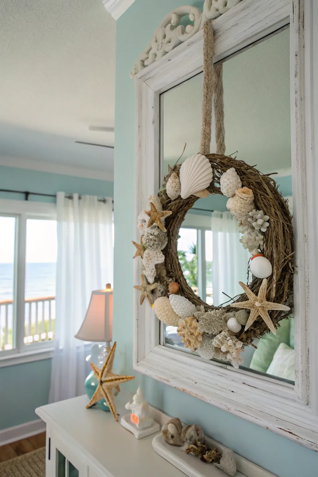 Seashells bring seaside serenity to a mirror wreath.