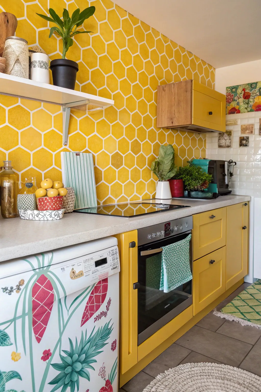 Playful patterns in yellow bring whimsy to this charming kitchen.