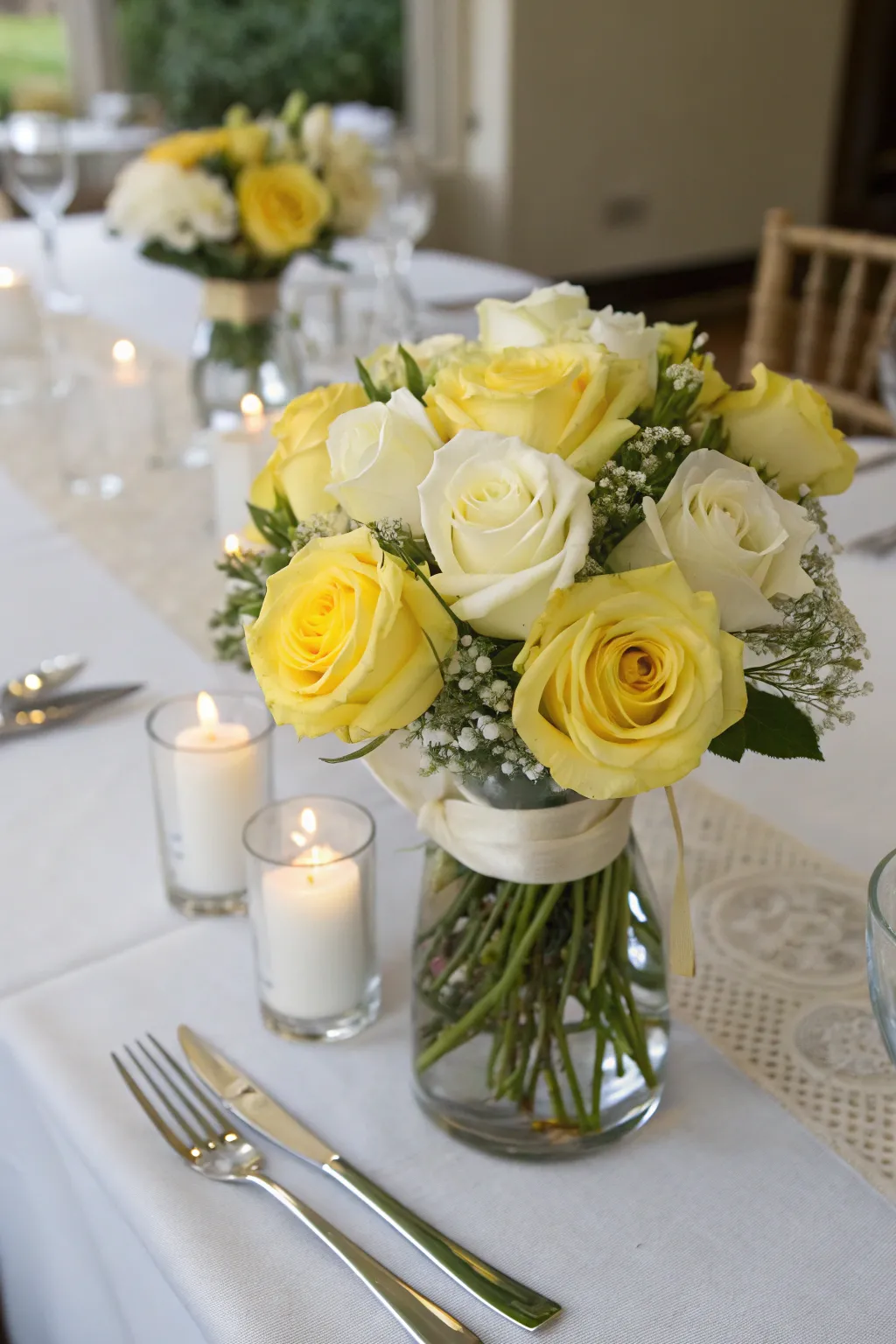 Sophisticated simplicity with yellow and white roses.
